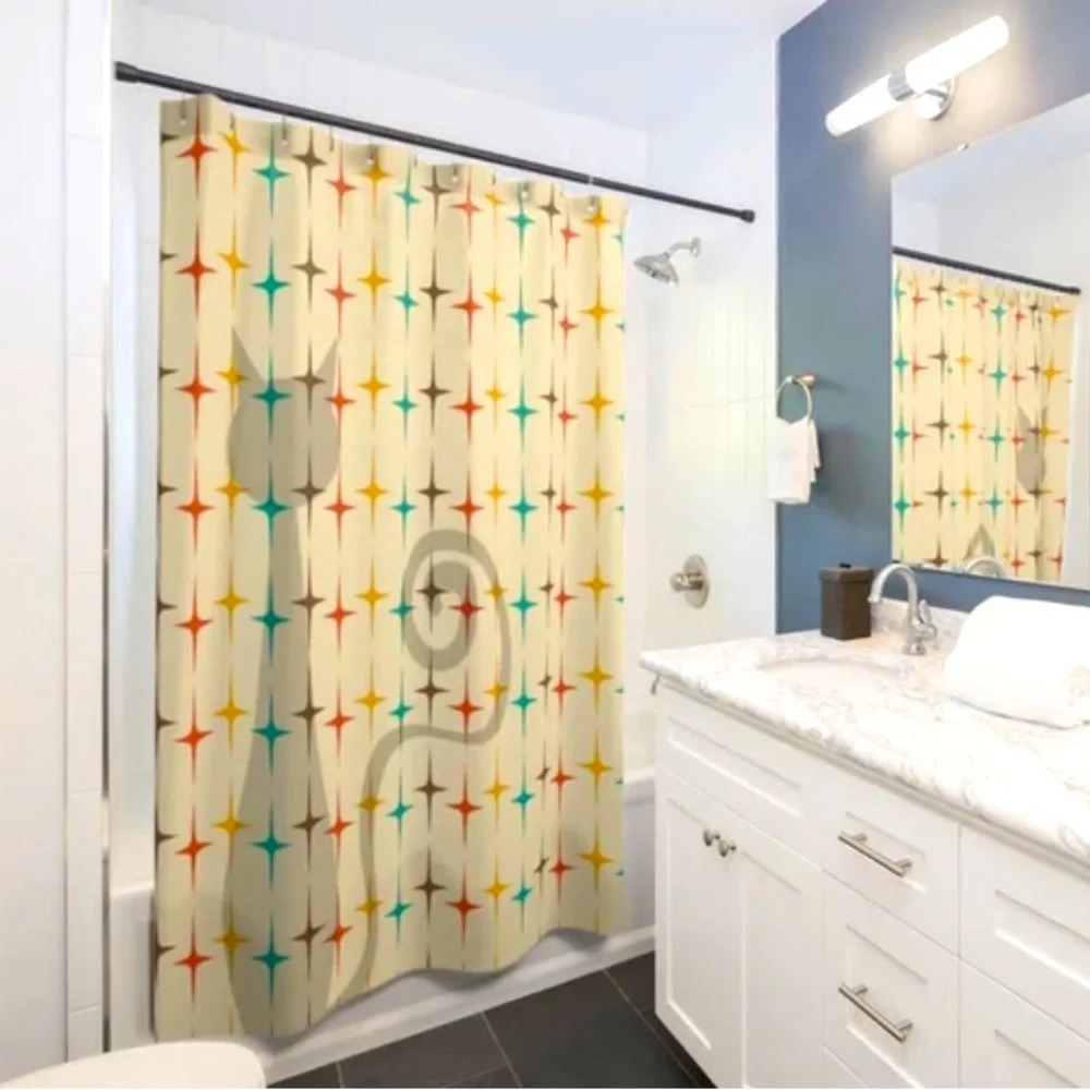 Mid Century Modern Shower Curtain with cat. Palm Springs vibes - Picture 1 of 2